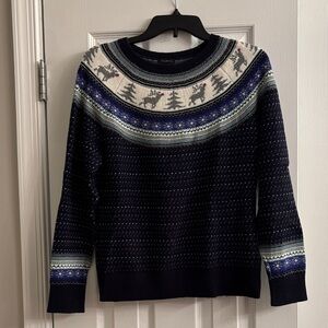 Talbots Navy and White Reindeer Crewneck Sweater